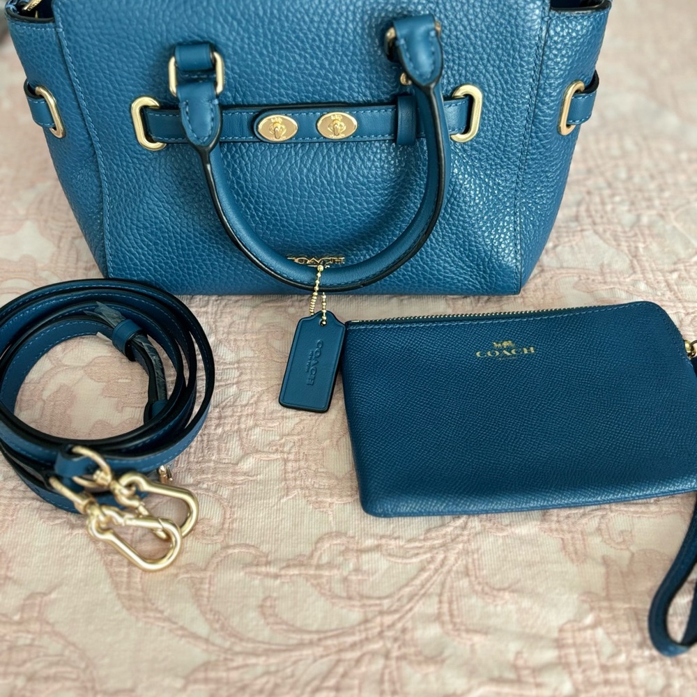 Coach authentic mini carry all bag set wallet strap 6x9 teal blue